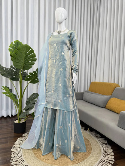 Sky Blue Fandy Silk Sequin Work Plazo Dupatta Set for Women Festive Wedding Party Wear Ethnic Dress
