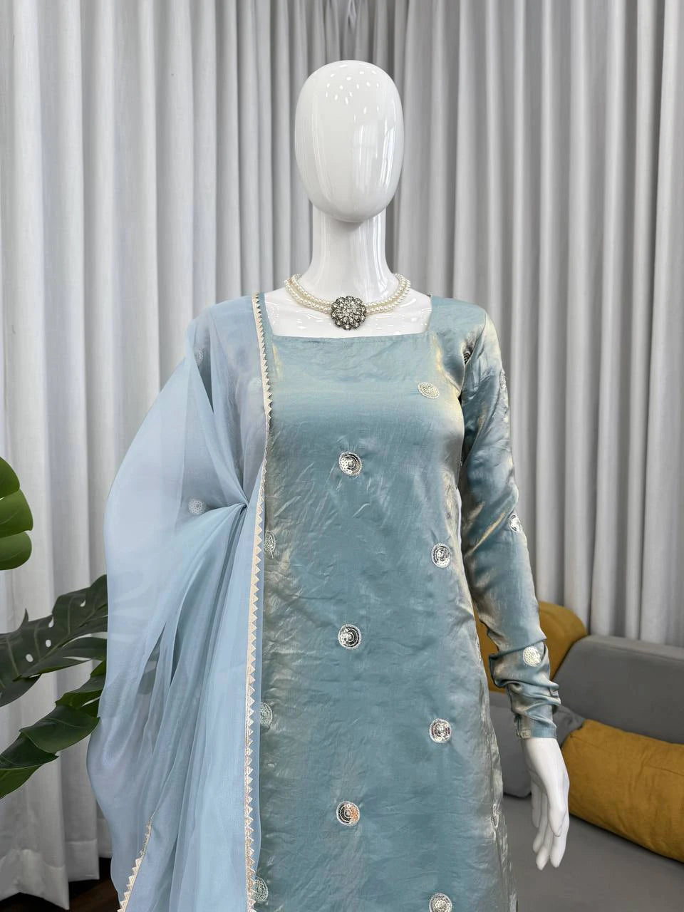 Sky Blue Fandy Silk Sequin Work Plazo Dupatta Set for Women Festive Wedding Party Wear Ethnic Dress