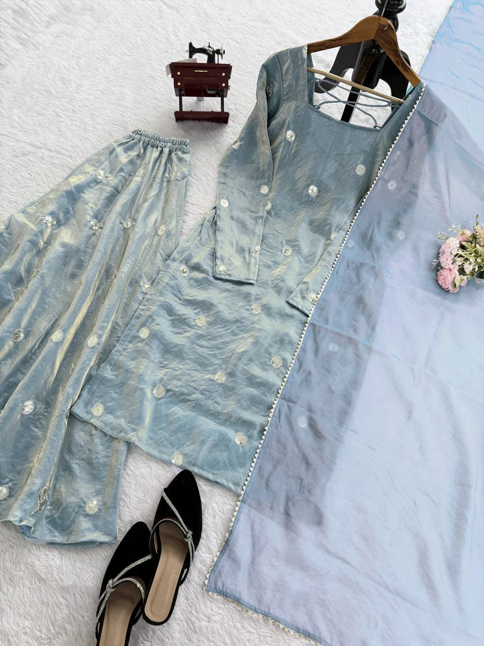 Sky Blue Fandy Silk Sequin Work Plazo Dupatta Set for Women Festive Wedding Party Wear Ethnic Dress