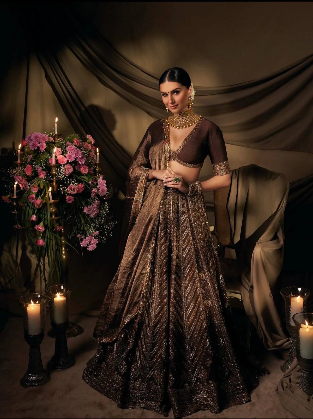 Mocha Brown Thai Silk Lehenga with Intricate Thread Sequin and Dori Embroidery
