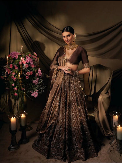 Mocha Brown Thai Silk Lehenga with Intricate Thread Sequin and Dori Embroidery
