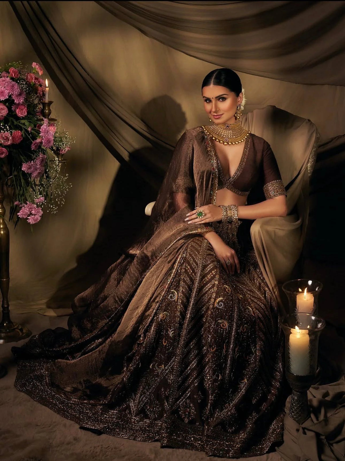 Mocha Brown Thai Silk Lehenga with Intricate Thread Sequin and Dori Embroidery