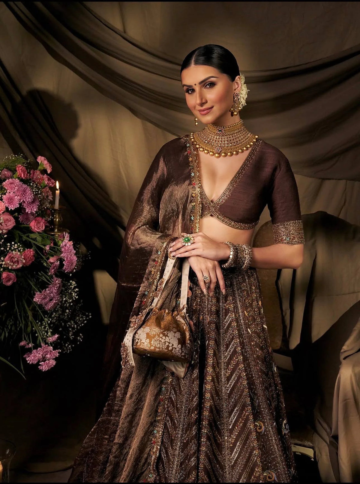 Mocha Brown Thai Silk Lehenga with Intricate Thread Sequin and Dori Embroidery