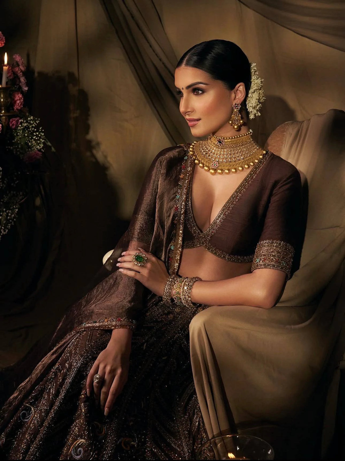 Mocha Brown Thai Silk Lehenga with Intricate Thread Sequin and Dori Embroidery