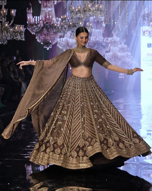 Mocha Brown Thai Silk Lehenga with Intricate Thread Sequin and Dori Embroidery