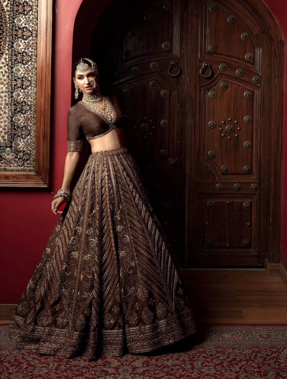 Mocha Brown Thai Silk Lehenga with Intricate Thread Sequin and Dori Embroidery