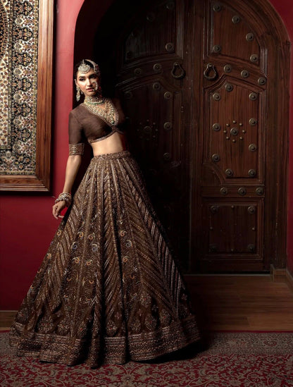 Mocha Brown Thai Silk Lehenga with Intricate Thread Sequin and Dori Embroidery