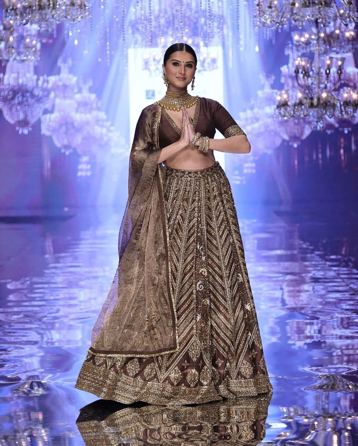 Mocha Brown Thai Silk Lehenga with Intricate Thread Sequin and Dori Embroidery