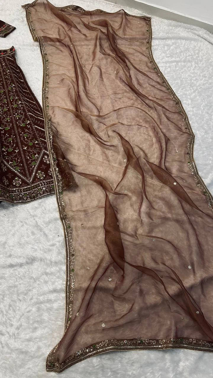 Mocha Brown Thai Silk Lehenga with Intricate Thread Sequin and Dori Embroidery
