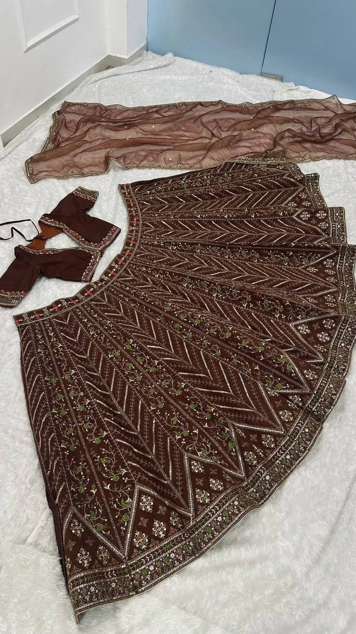 Mocha Brown Thai Silk Lehenga with Intricate Thread Sequin and Dori Embroidery
