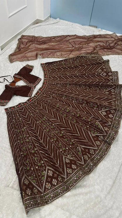 Mocha Brown Thai Silk Lehenga with Intricate Thread Sequin and Dori Embroidery