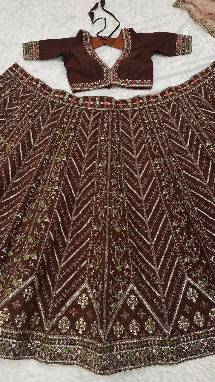 Mocha Brown Thai Silk Lehenga with Intricate Thread Sequin and Dori Embroidery