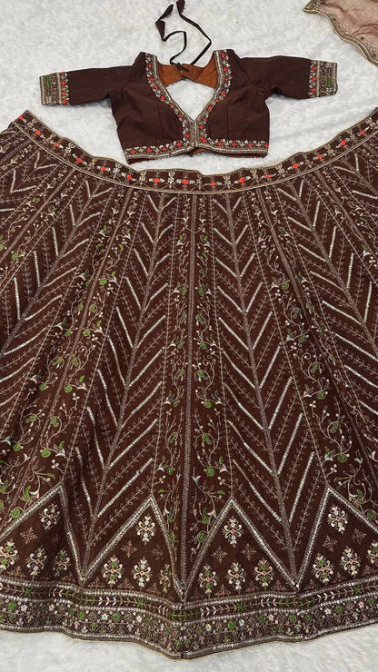 Mocha Brown Thai Silk Lehenga with Intricate Thread Sequin and Dori Embroidery