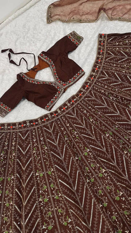 Mocha Brown Thai Silk Lehenga with Intricate Thread Sequin and Dori Embroidery