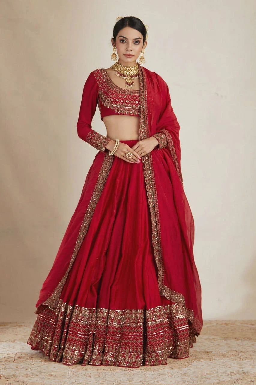 Red Vichitra Silk Thread Sequin Work Lehenga Choli with Dupatta for Women Wedding Festive Party Wear