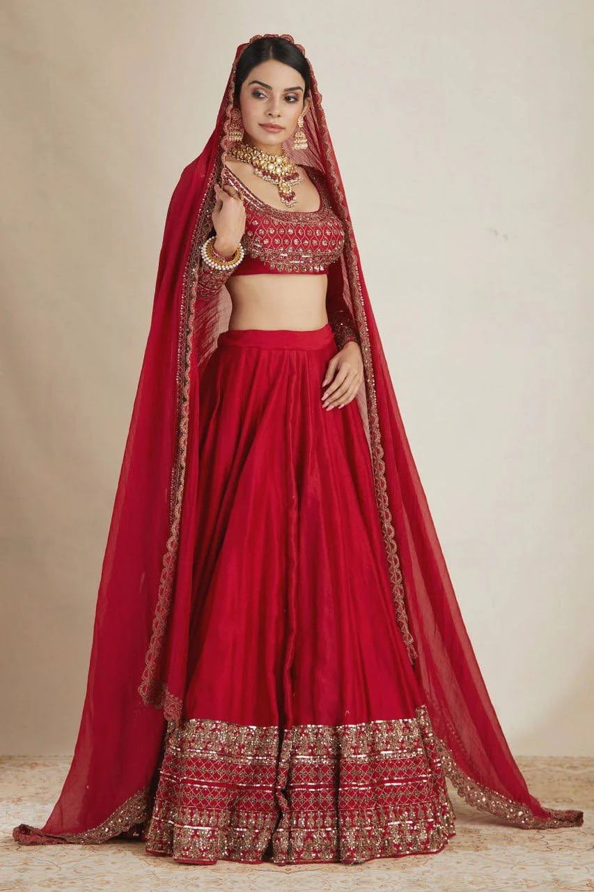 Red Vichitra Silk Thread Sequin Work Lehenga Choli with Dupatta for Women Wedding Festive Party Wear