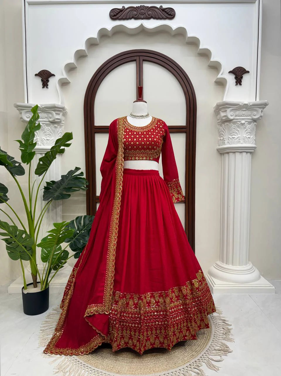 Red Vichitra Silk Thread Sequin Work Lehenga Choli with Dupatta for Women Wedding Festive Party Wear