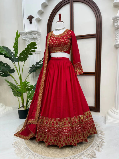 Red Vichitra Silk Thread Sequin Work Lehenga Choli with Dupatta for Women Wedding Festive Party Wear