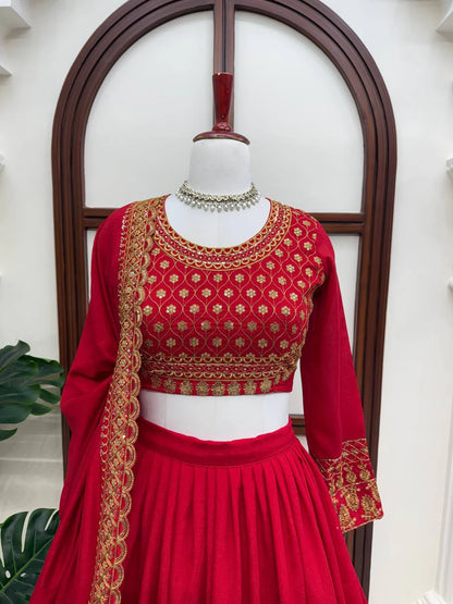 Red Vichitra Silk Thread Sequin Work Lehenga Choli with Dupatta for Women Wedding Festive Party Wear