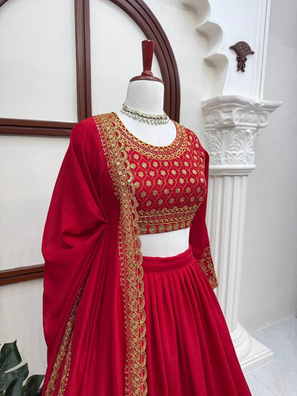 Red Vichitra Silk Thread Sequin Work Lehenga Choli with Dupatta for Women Wedding Festive Party Wear