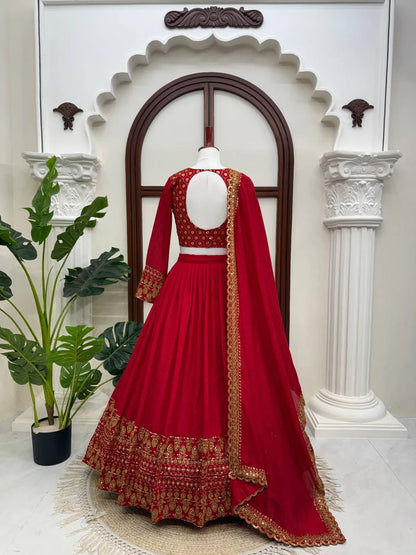 Red Vichitra Silk Thread Sequin Work Lehenga Choli with Dupatta for Women Wedding Festive Party Wear
