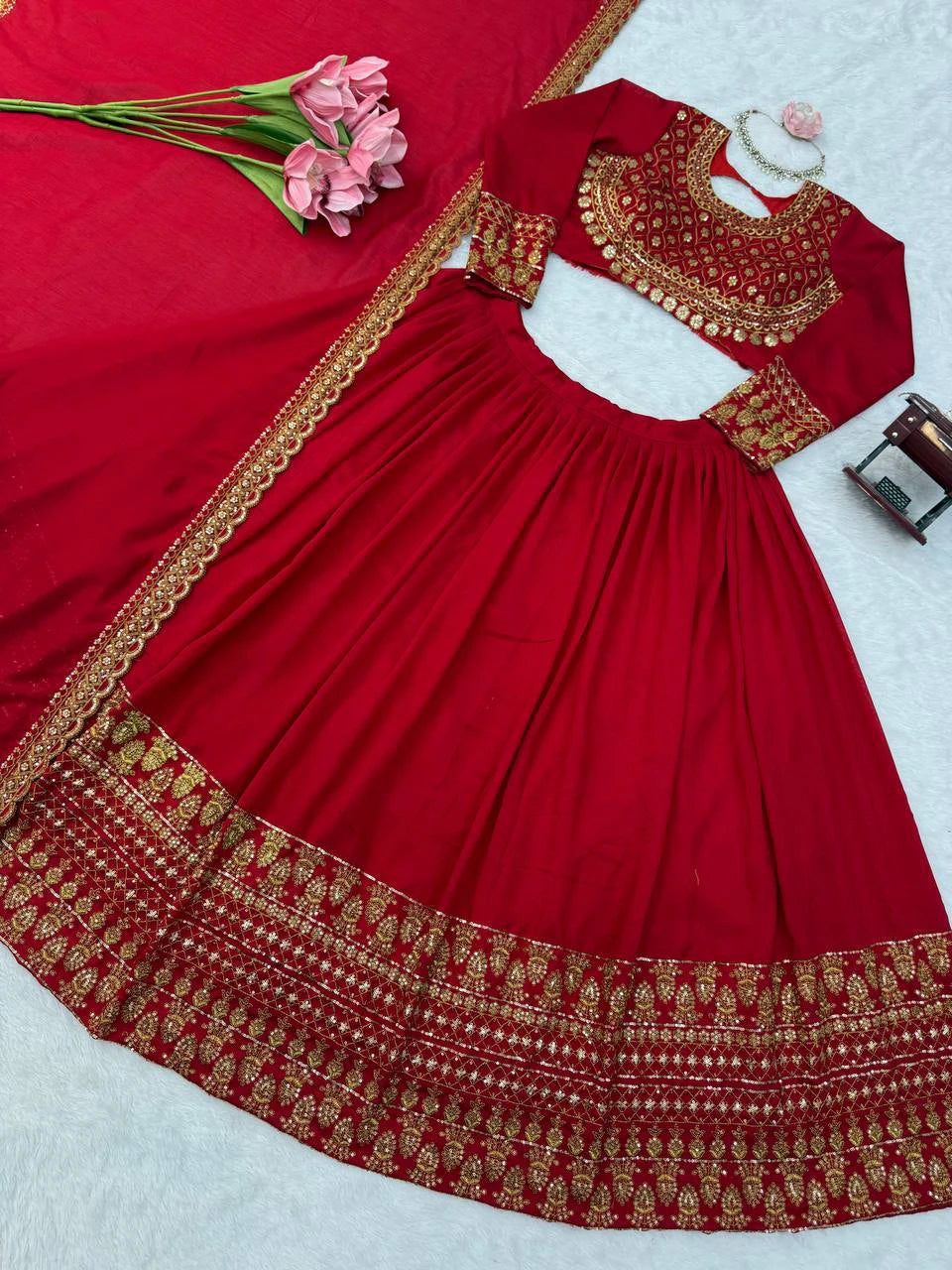 Red Vichitra Silk Thread Sequin Work Lehenga Choli with Dupatta for Women Wedding Festive Party Wear