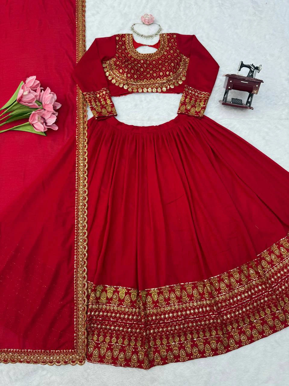 Red Vichitra Silk Thread Sequin Work Lehenga Choli with Dupatta for Women Wedding Festive Party Wear