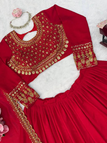 Red Vichitra Silk Thread Sequin Work Lehenga Choli with Dupatta for Women Wedding Festive Party Wear