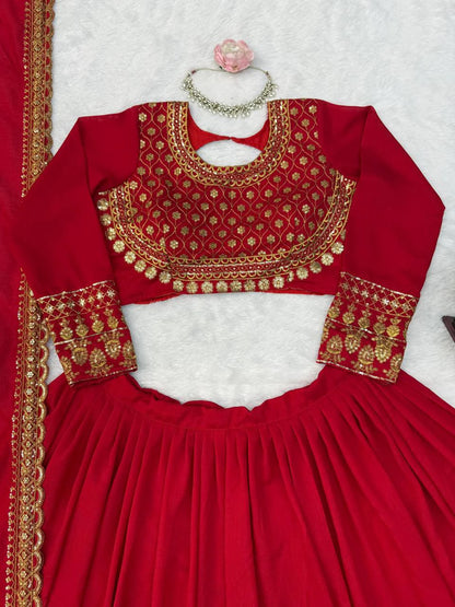 Red Vichitra Silk Thread Sequin Work Lehenga Choli with Dupatta for Women Wedding Festive Party Wear