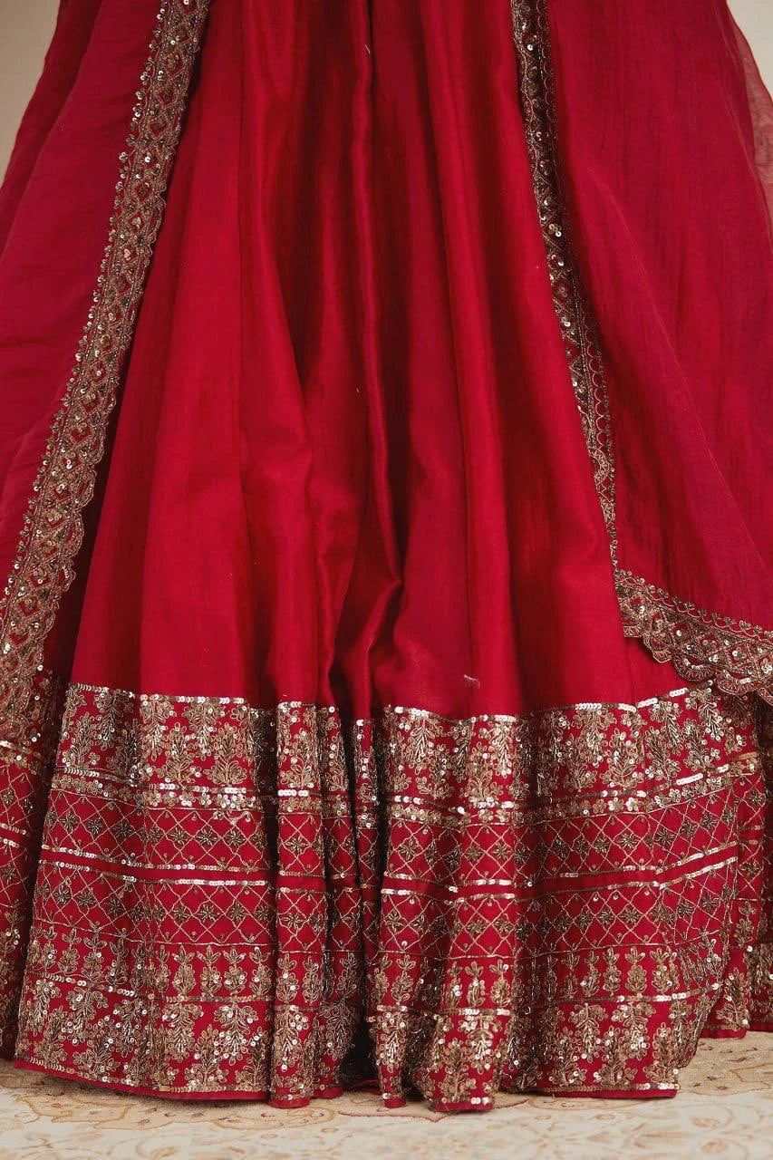 Red Vichitra Silk Thread Sequin Work Lehenga Choli with Dupatta for Women Wedding Festive Party Wear