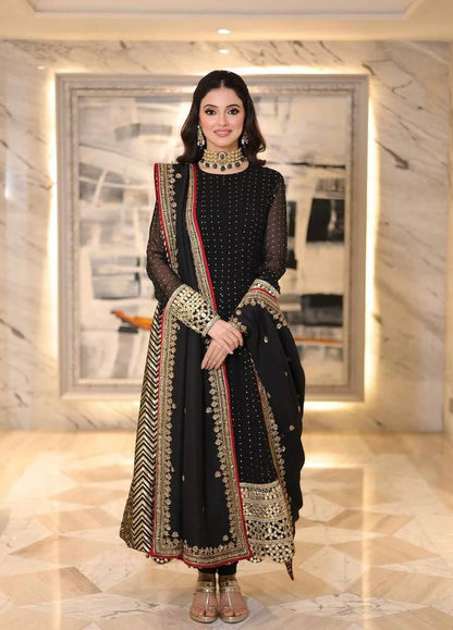 Black Faux Blooming Designer Gown with Zari and Sequin Embroidery and Printed Dupatta Set