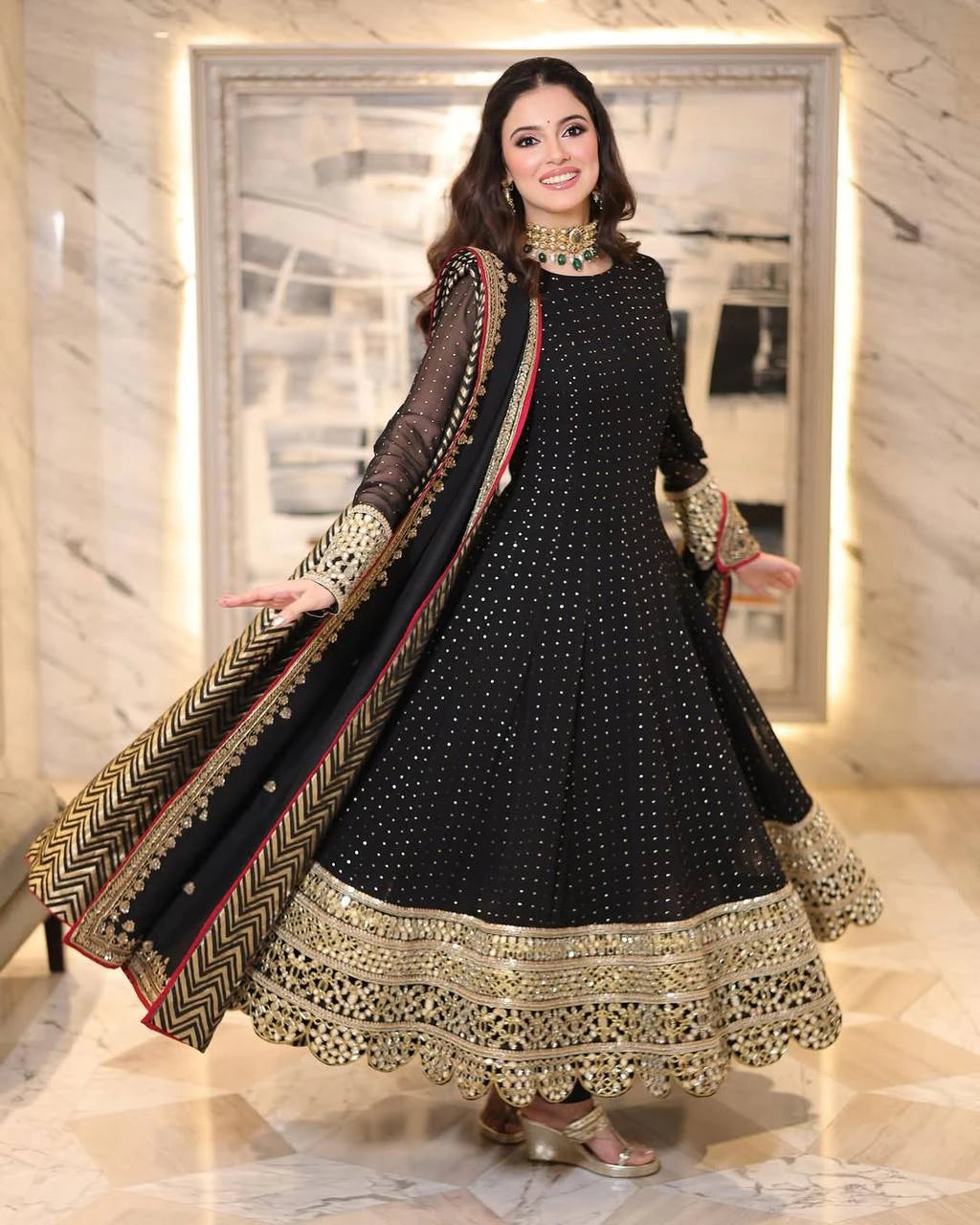Black Faux Blooming Designer Gown with Zari and Sequin Embroidery and Printed Dupatta Set