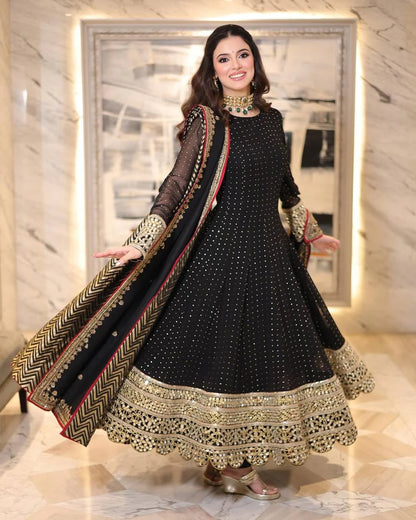 Black Faux Blooming Designer Gown with Zari and Sequin Embroidery and Printed Dupatta Set