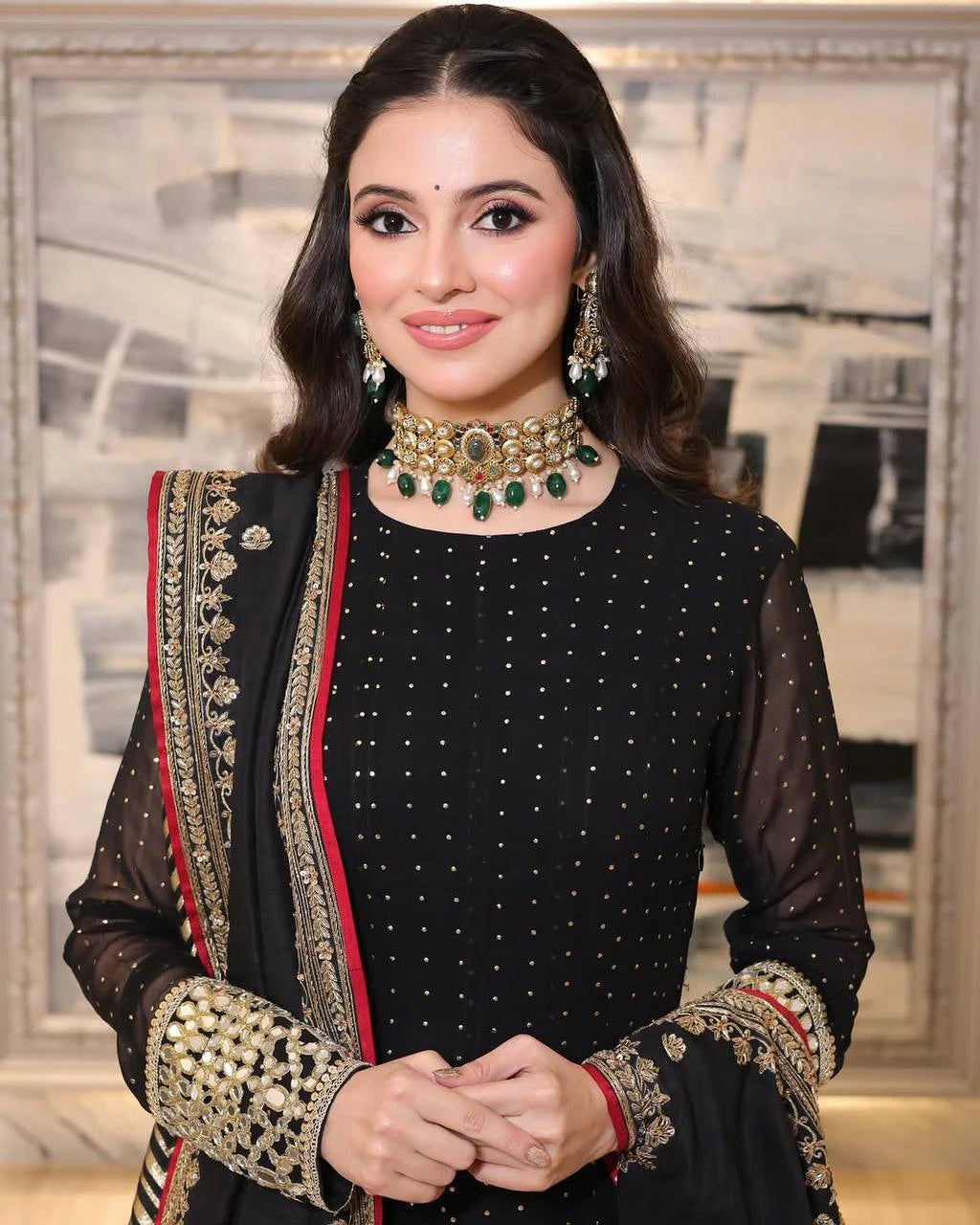 Black Faux Blooming Designer Gown with Zari and Sequin Embroidery and Printed Dupatta Set