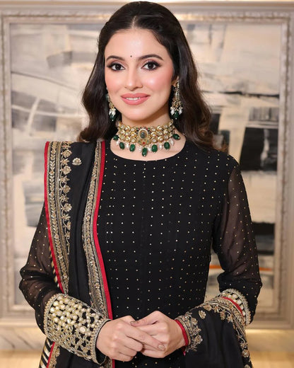 Black Faux Blooming Designer Gown with Zari and Sequin Embroidery and Printed Dupatta Set