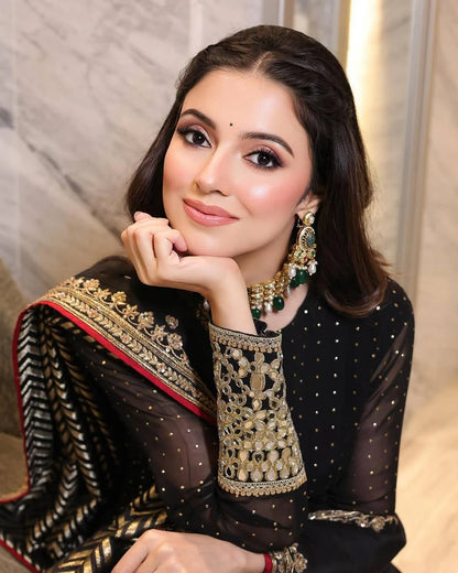Black Faux Blooming Designer Gown with Zari and Sequin Embroidery and Printed Dupatta Set