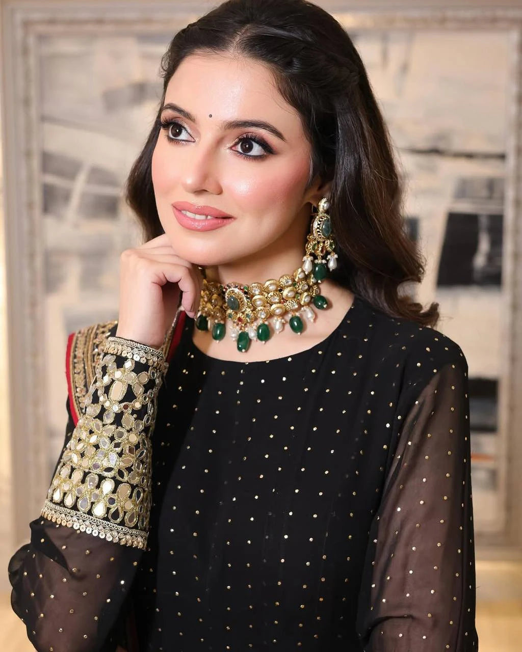 Black Faux Blooming Designer Gown with Zari and Sequin Embroidery and Printed Dupatta Set