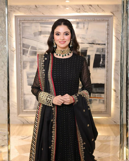 Black Faux Blooming Designer Gown with Zari and Sequin Embroidery and Printed Dupatta Set