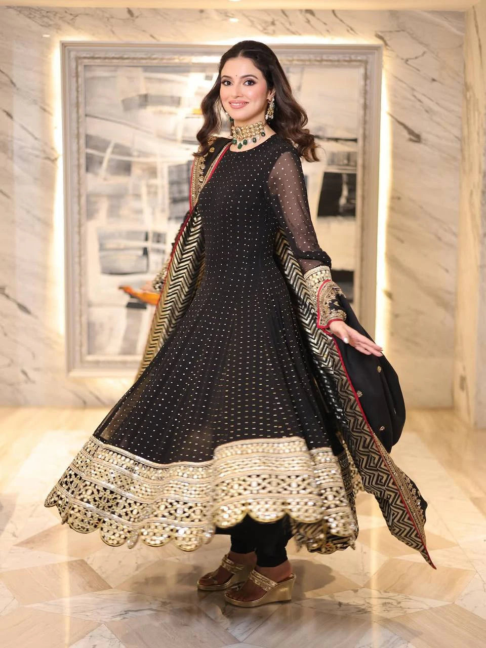 Black Faux Blooming Designer Gown with Zari and Sequin Embroidery and Printed Dupatta Set