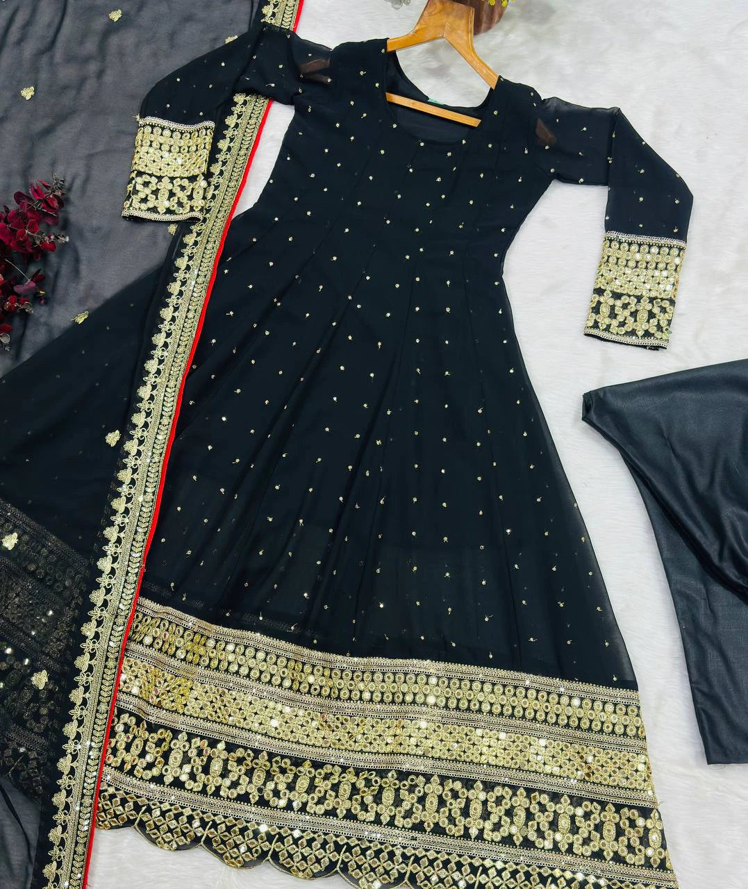Black Faux Blooming Designer Gown with Zari and Sequin Embroidery and Printed Dupatta Set