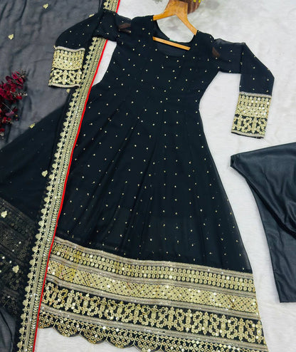 Black Faux Blooming Designer Gown with Zari and Sequin Embroidery and Printed Dupatta Set