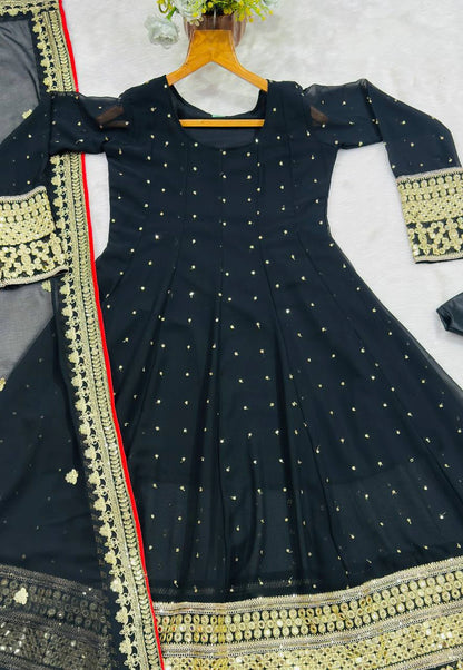 Black Faux Blooming Designer Gown with Zari and Sequin Embroidery and Printed Dupatta Set