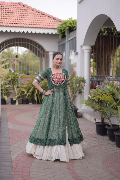 Designer Green Bandhani Kurti with Frill Style Kora Cotton Flared Lehenga for Navratri