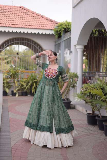 Designer Green Bandhani Kurti with Frill Style Kora Cotton Flared Lehenga for Navratri