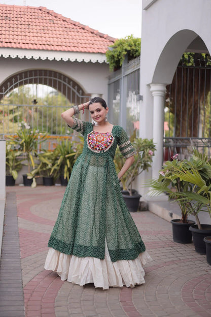 Designer Green Bandhani Kurti with Frill Style Kora Cotton Flared Lehenga for Navratri