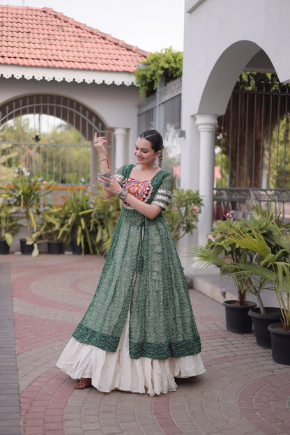 Designer Green Bandhani Kurti with Frill Style Kora Cotton Flared Lehenga for Navratri