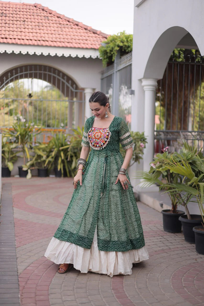 Designer Green Bandhani Kurti with Frill Style Kora Cotton Flared Lehenga for Navratri