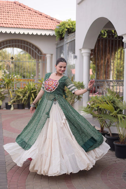 Designer Green Bandhani Kurti with Frill Style Kora Cotton Flared Lehenga for Navratri