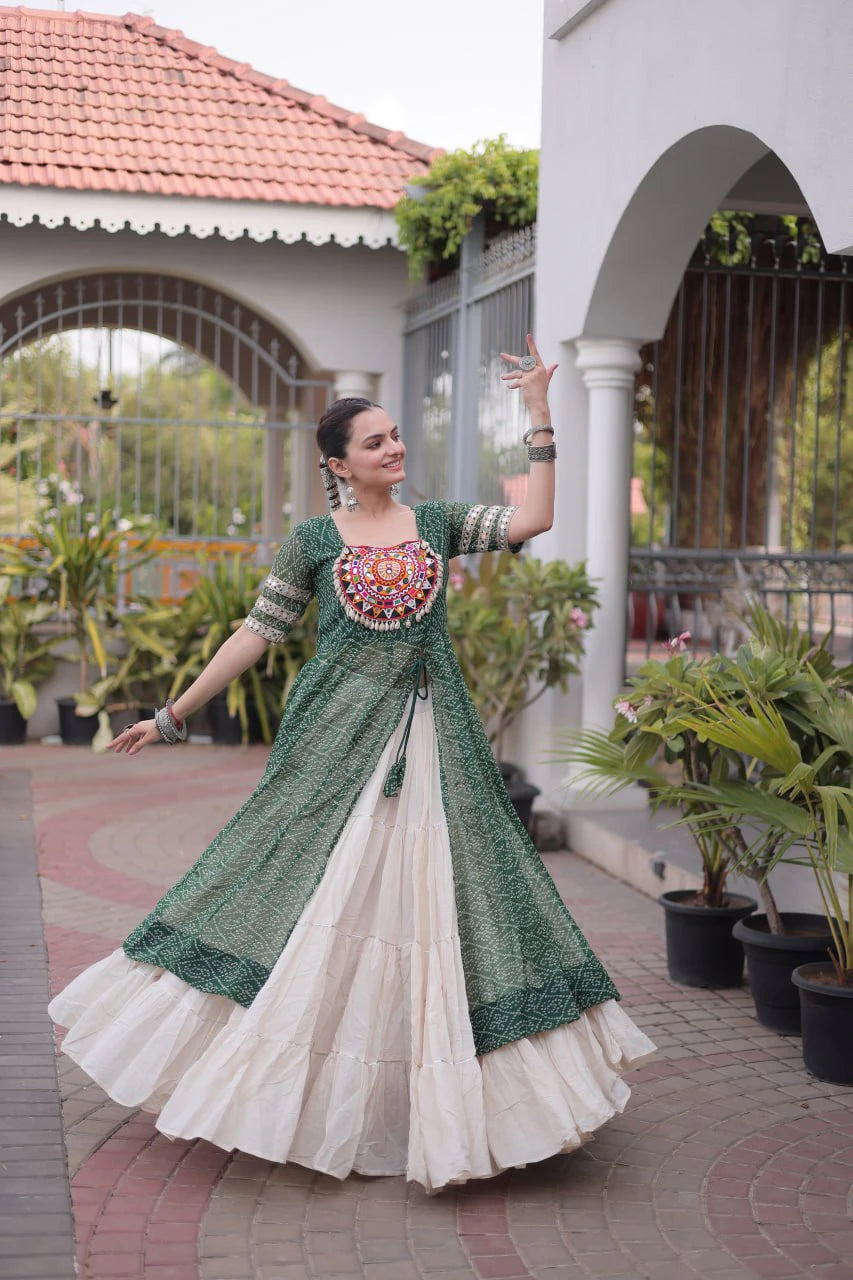 Designer Green Bandhani Kurti with Frill Style Kora Cotton Flared Lehenga for Navratri