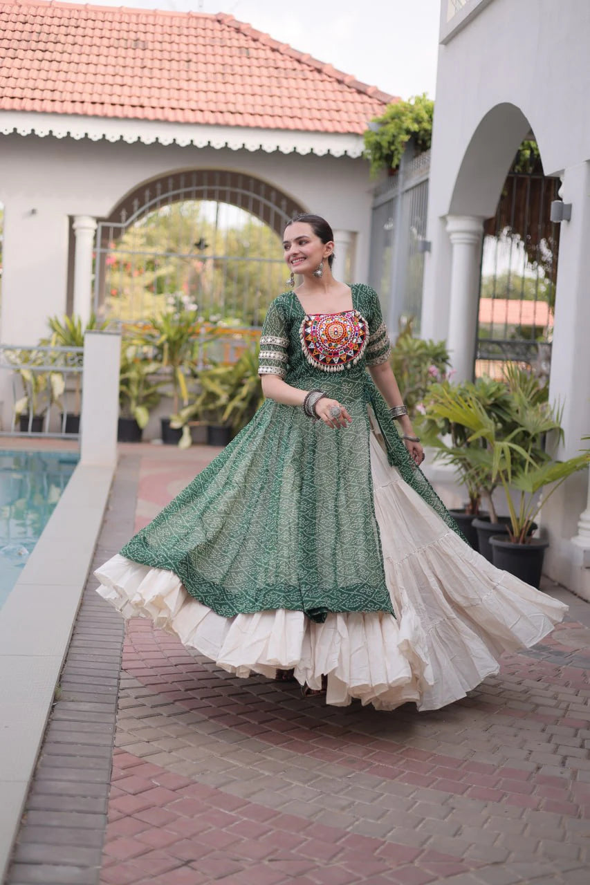 Designer Green Bandhani Kurti with Frill Style Kora Cotton Flared Lehenga for Navratri